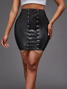 Falda ajustada unicolor con cordón PU - Negro - Ver 1