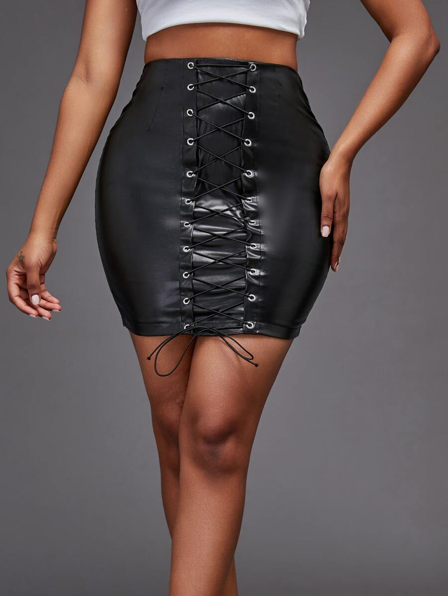 Falda ajustada unicolor con cordón PU - Negro - Ver 1
