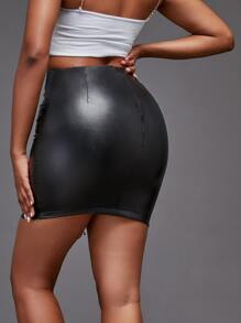 Falda ajustada unicolor con cordón PU - Negro - Ver 2