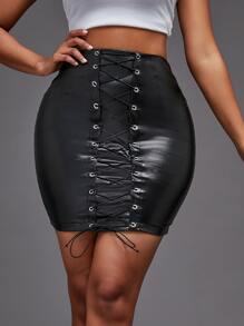 Falda ajustada unicolor con cordón PU - Negro - Ver 3