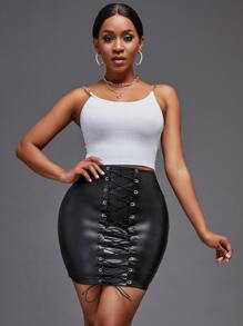 Falda ajustada unicolor con cordón PU - Negro - Ver 5