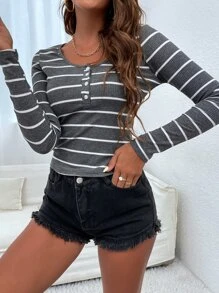 SHEIN Essnce Striped Print Half Button Tee - Multicolor - View 3