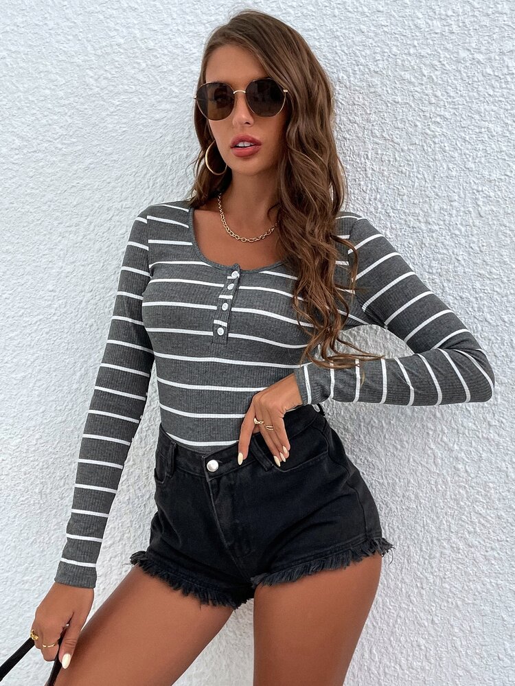 SHEIN Essnce Striped Print Half Button Tee - Multicolor - View 6