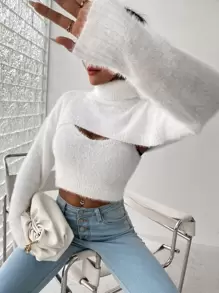SHEIN Unity Turtleneck Super Crop Fuzzy Jumper & Cami Knit Top - White - View 1