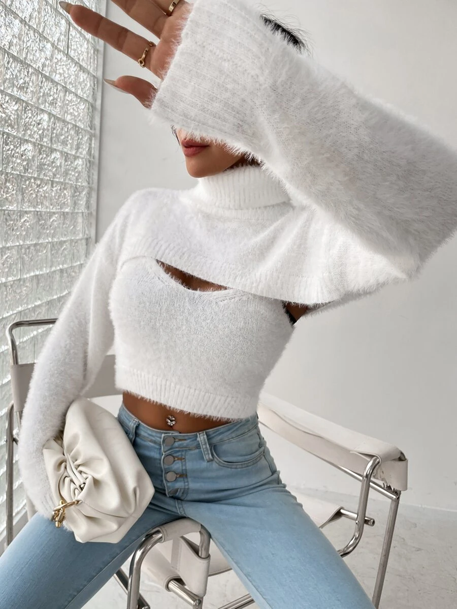 SHEIN Unity Turtleneck Super Crop Fuzzy Jumper & Cami Knit Top - White - View 1