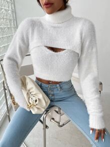 SHEIN Unity Turtleneck Super Crop Fuzzy Jumper & Cami Knit Top - White - View 3