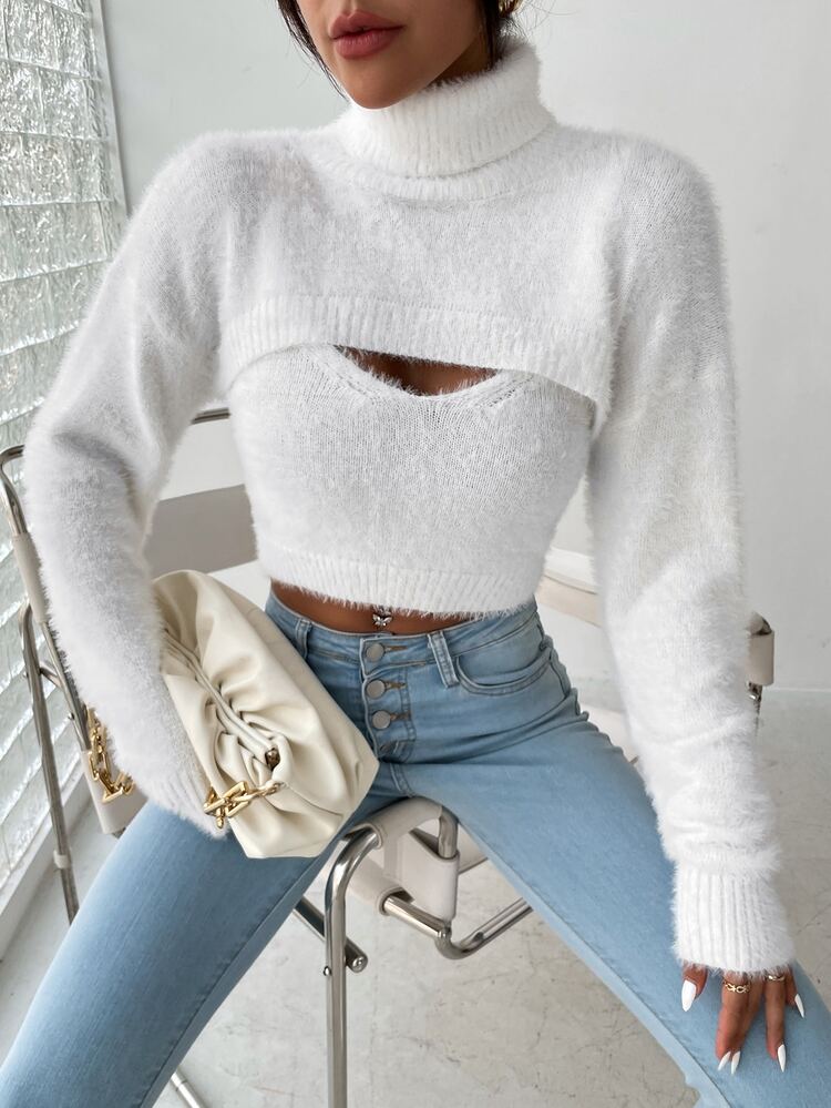 SHEIN Unity 2pcs/Set Solid Color Turtleneck Long Sleeve Cropped Casual Fuzzy Knit Pullover Sweater - White - View 3
