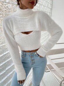 SHEIN Unity Turtleneck Super Crop Fuzzy Jumper & Cami Knit Top - White - View 4
