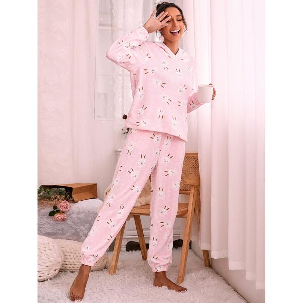 

Rabbit Pattern Flannel PJ Set, Baby pink