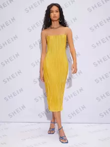 SHEIN Belle Đầm màu trơn Hấp dẫn - Màu vàng - Xem 4