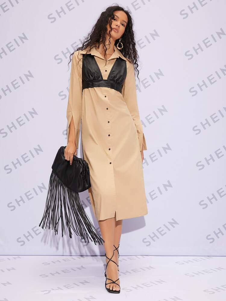 SHEIN Essnce 高開叉側長款襯衫不附帶吊帶 - 杏色 - 查看 2