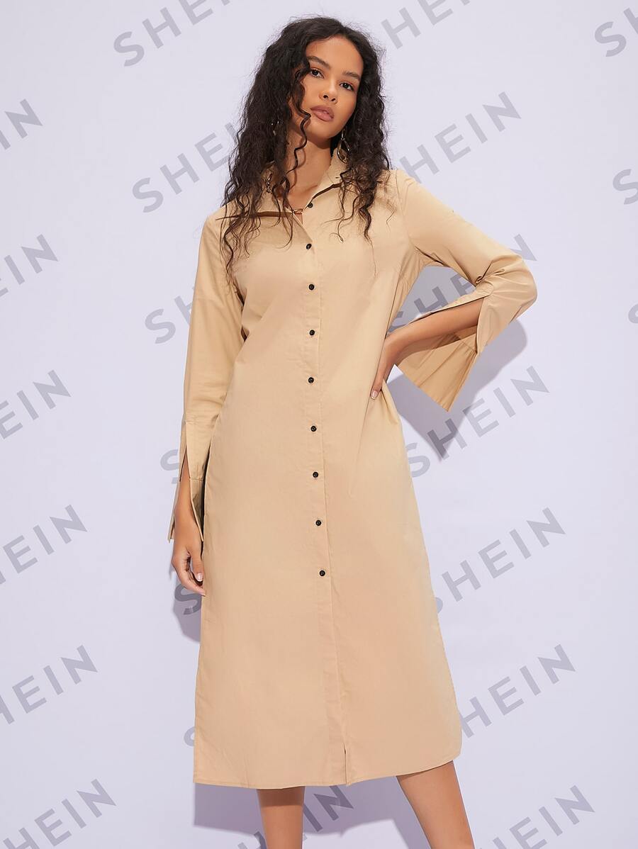 SHEIN Essnce High Split Side Longline Shirt Without Cami - Apricot - View 1