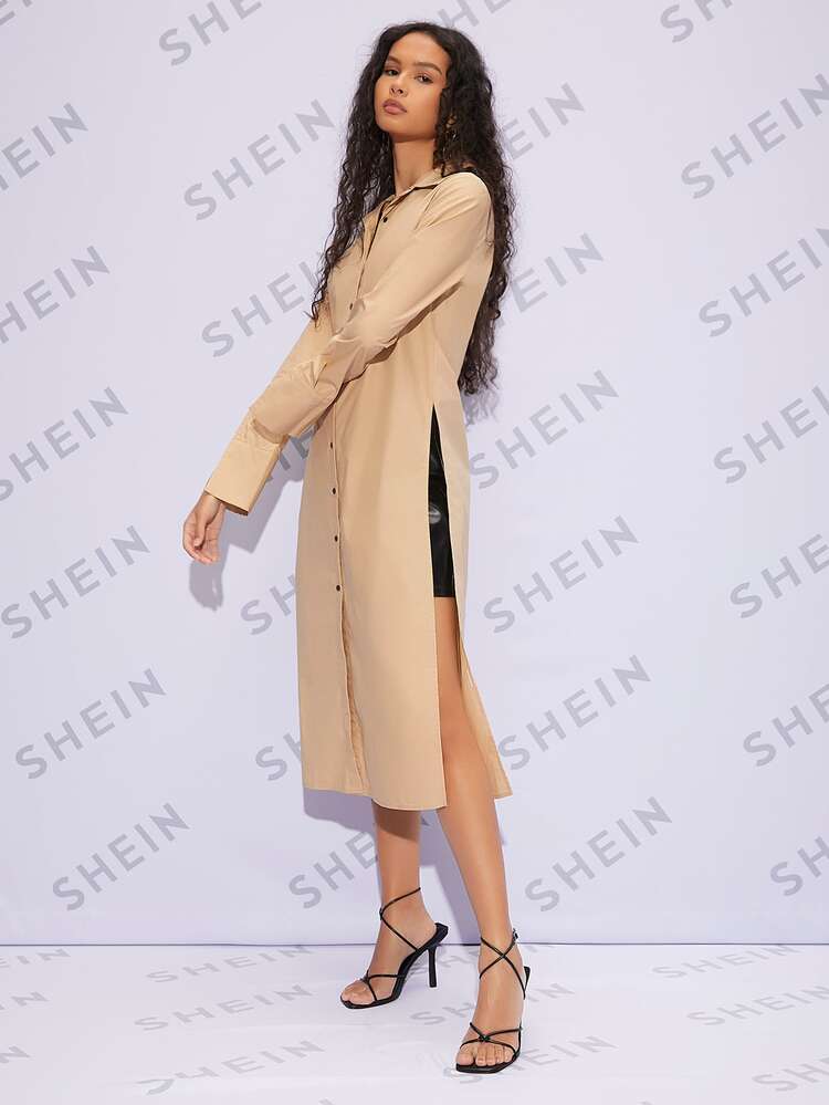 SHEIN Essnce 高開叉側長款襯衫不附帶吊帶 - 杏色 - 查看 5