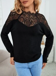 SHEIN LUNE Contrast Lace Jumper - Black - View 3