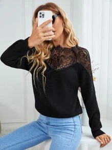 SHEIN LUNE Contrast Lace Jumper - Black - View 4