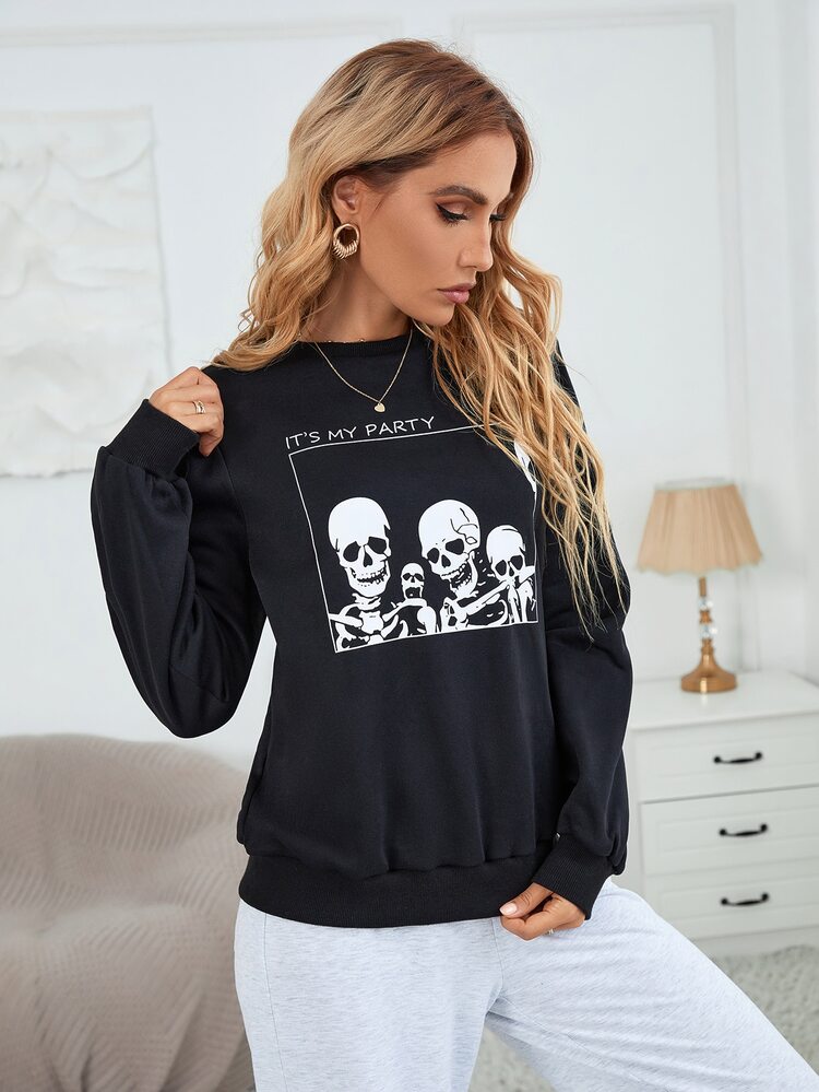 Skeleton And Slogan Graphic Sweatshirt - Black - View 1