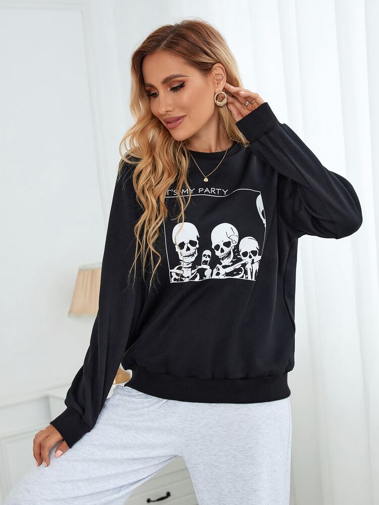 Skeleton And Slogan Graphic Sweatshirt - Black - View 3