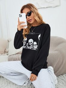 Skeleton And Slogan Graphic Sweatshirt - Black - View 5