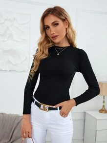 SHEIN Clasi Áo len nữ Gân đan màu trơn Thanh lịch - màu đen - Xem 1