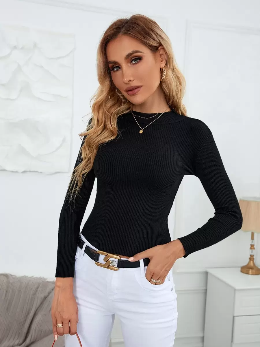 SHEIN Clasi Áo len nữ Gân đan màu trơn Thanh lịch - màu đen - Xem 1