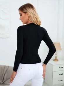 SHEIN Clasi Áo len nữ Gân đan màu trơn Thanh lịch - màu đen - Xem 2