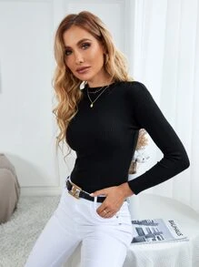SHEIN Clasi Áo len nữ Gân đan màu trơn Thanh lịch - màu đen - Xem 5