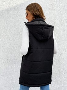 Solid Longline Hooded Puffer Gilet - Black - View 2