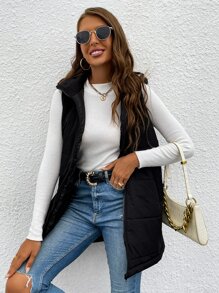 Solid Longline Hooded Puffer Gilet - Black - View 4