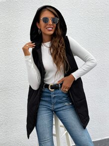 Solid Longline Hooded Puffer Gilet - Black - View 5