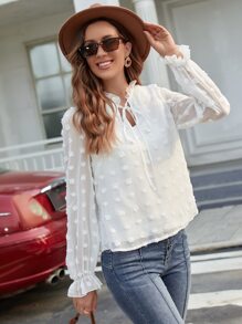 Swiss Dot Frill Trim Tie Front Blouse - White - View 1