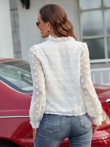 Swiss Dot Frill Trim Tie Front Blouse - White - View 2