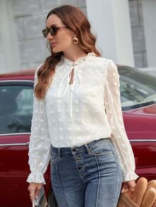 Swiss Dot Frill Trim Tie Front Blouse - White - View 5