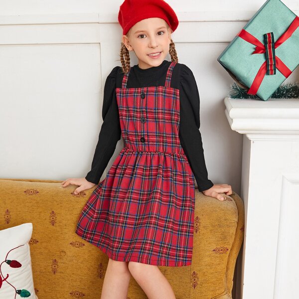 

Girls Tartan Print Button Front 2 In 1 Dress, Multicolor