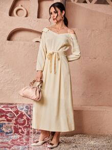 Mulvari 挖肩腰帶A字洋裝 - 卡其色 - 查看 4