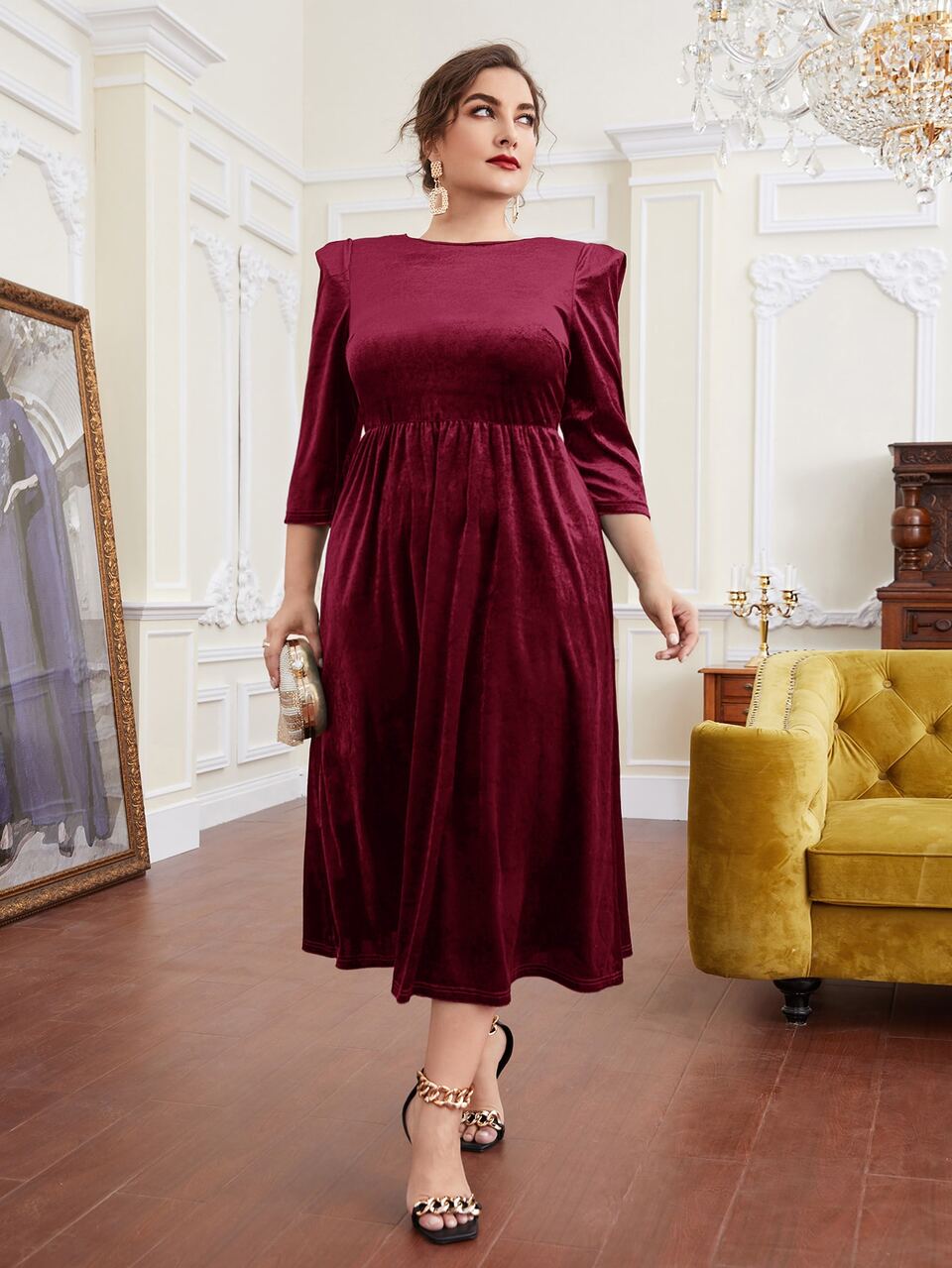 Plus Shoulder Pads Velvet Dress