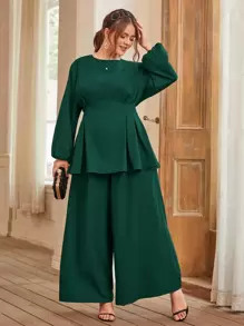Modelyn Bộ thời trang Plus Size Xếp li màu trơn Thanh lịch - Màu xanh lá cây đậm - Xem 1