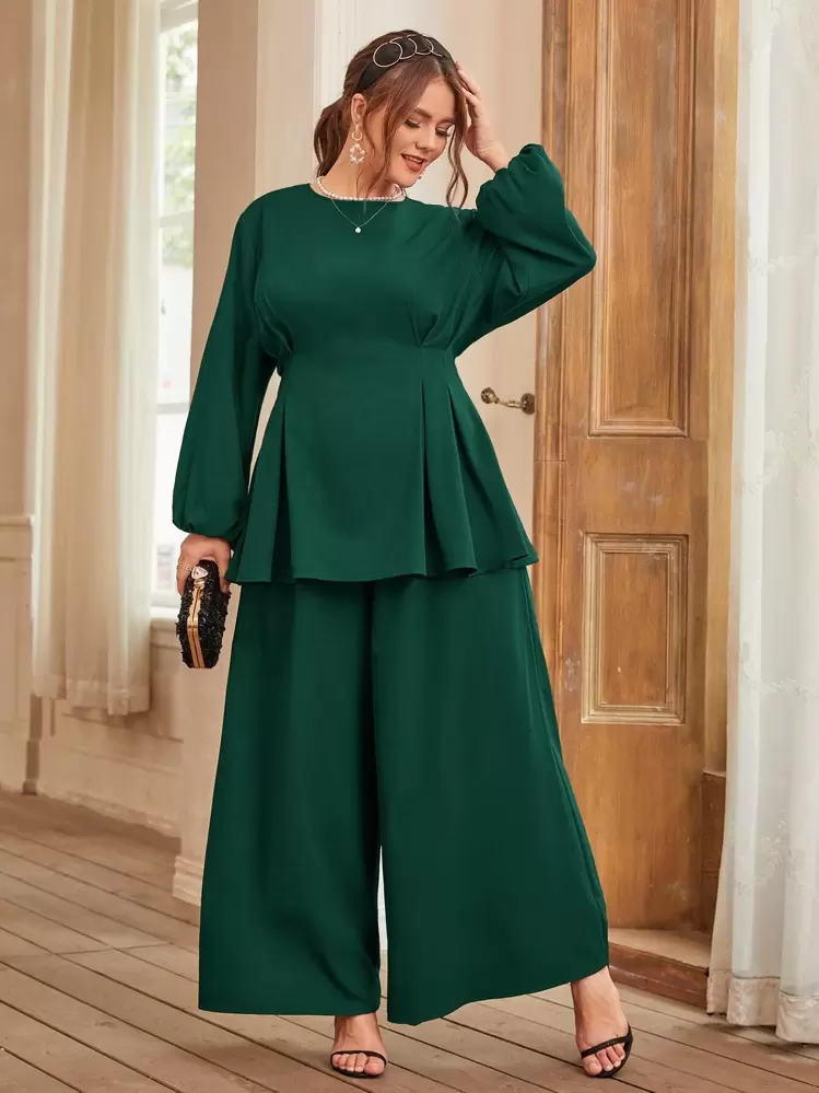 Modelyn Plus Fold Pleated Lantern Sleeve Top & Wide Leg Pants - Dark Green - View 1