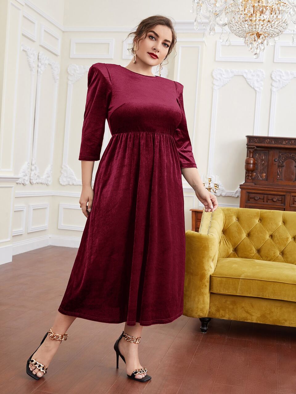 Plus Shoulder Pads Velvet Dress