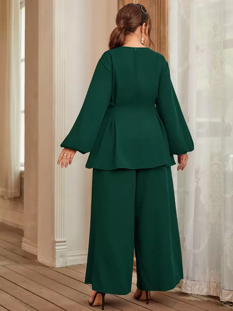 Modelyn Plus Fold Pleated Lantern Sleeve Top & Wide Leg Pants - Dark Green - View 2