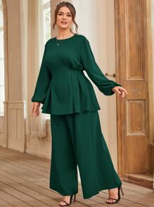 Modelyn Bộ thời trang Plus Size Xếp li màu trơn Thanh lịch - Màu xanh lá cây đậm - Xem 4