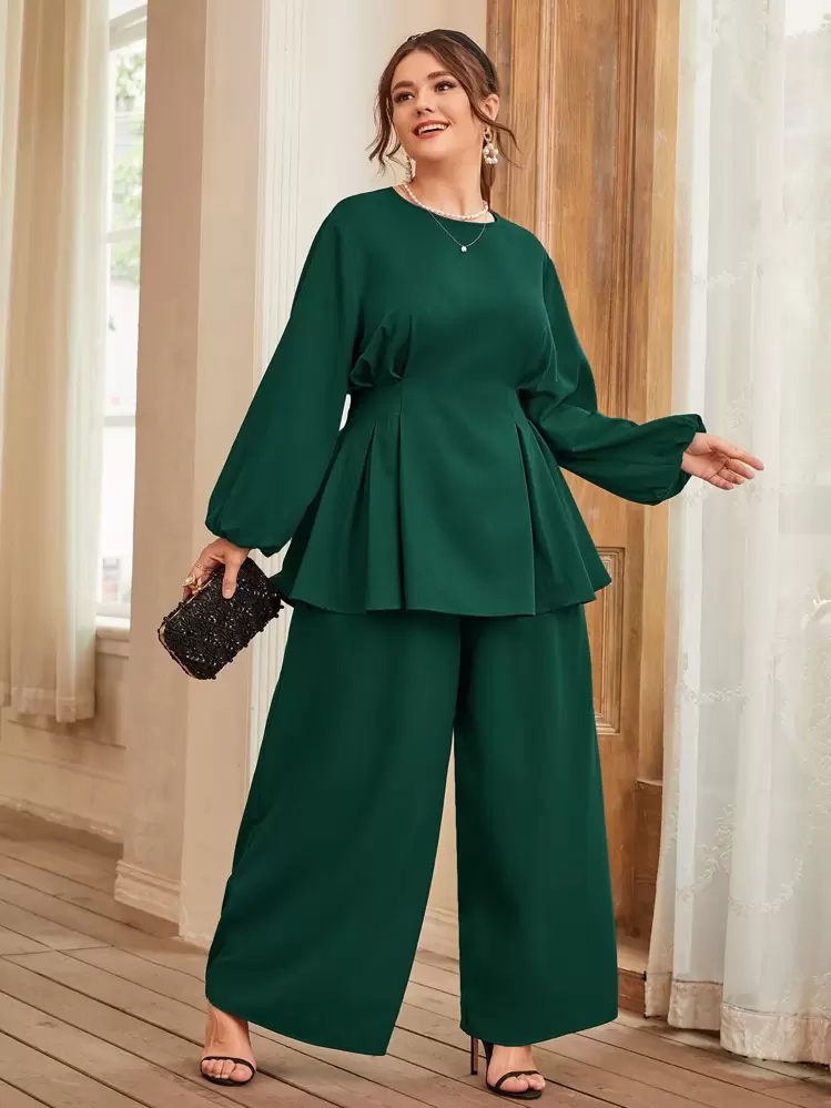 Modelyn Plus Fold Pleated Lantern Sleeve Top & Wide Leg Pants - Dark Green - View 5