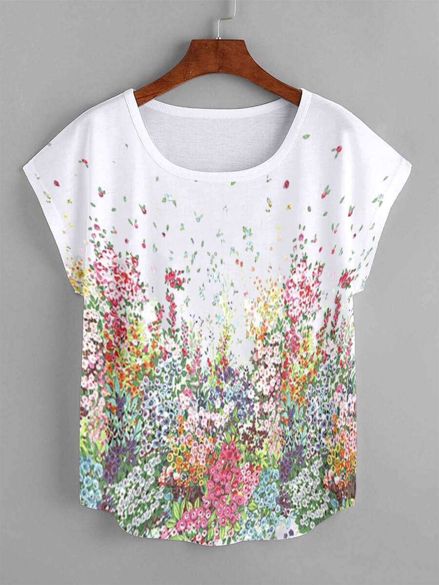 SHEIN LUNE Plus Floral Print Batwing Sleeve Tee - Multicolor - View 1