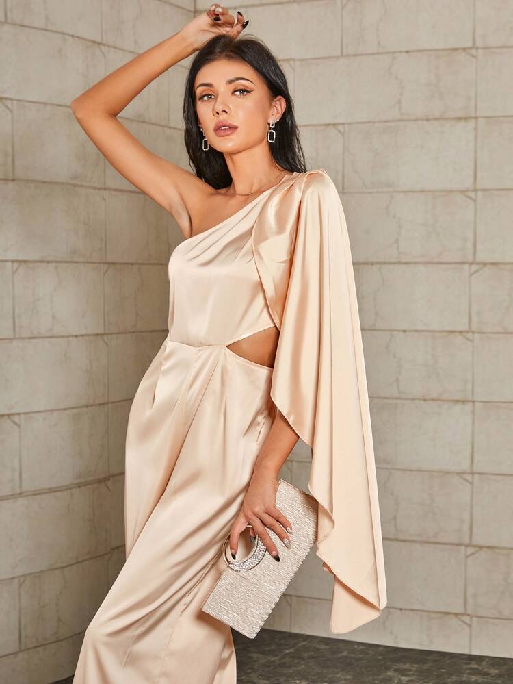Double Crazy One Shoulder Side Draped Satin Jumpsuit - Apricot - View 3
