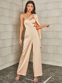 Double Crazy One Shoulder Side Draped Satin Jumpsuit - Apricot - View 5