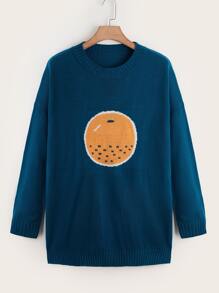 大碼水果樣式落肩袖套頭毛衣