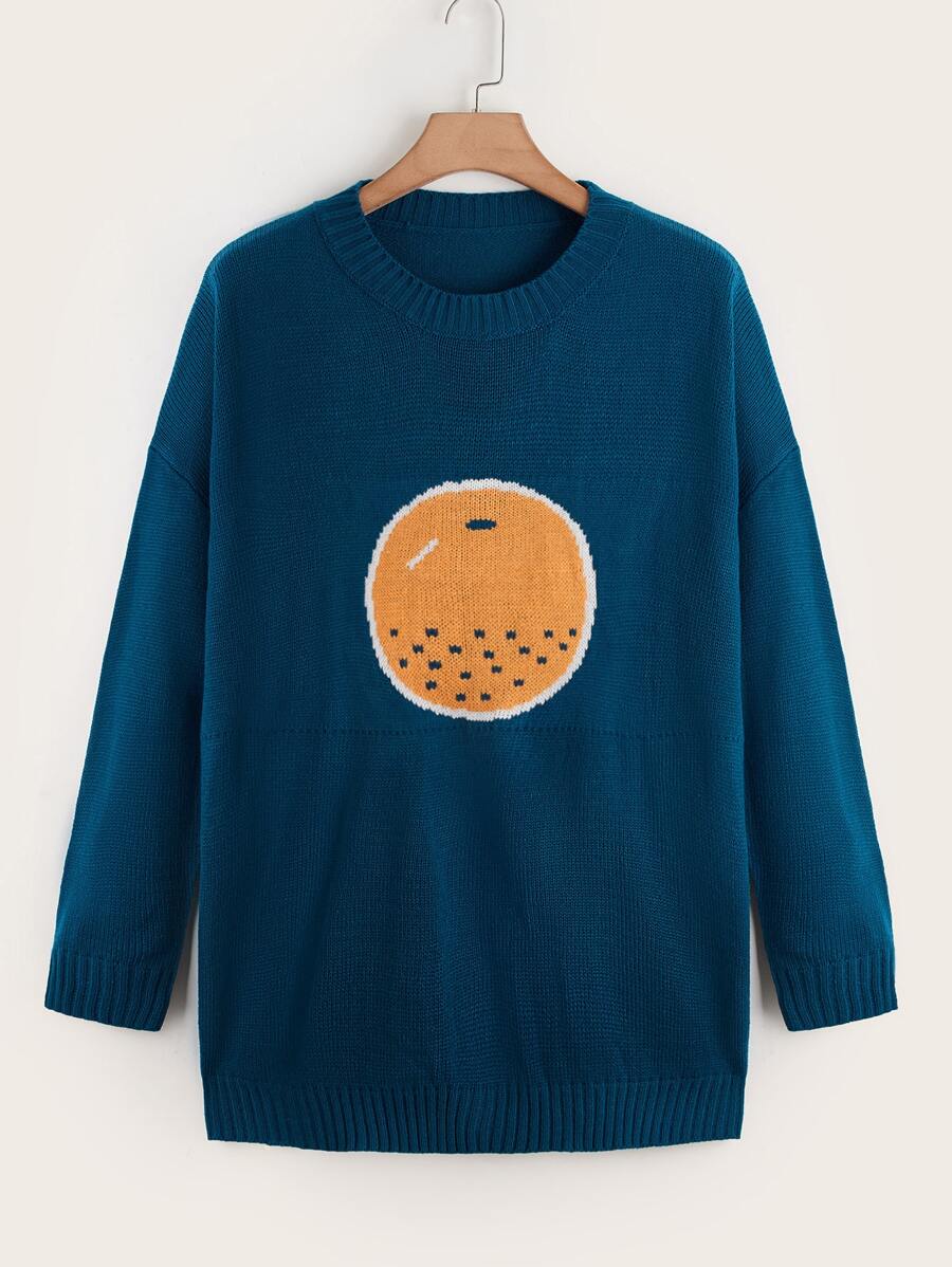 大碼水果樣式落肩袖套頭毛衣