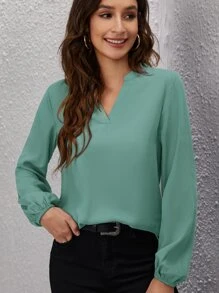 Notch Neck Solid Blouse - Green - View 1