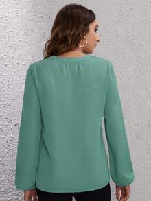 Notch Neck Solid Blouse - Green - View 2