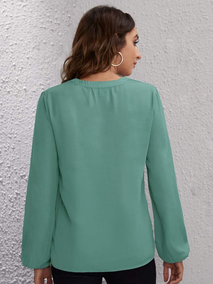 Notch Neck Solid Blouse - Green - View 2