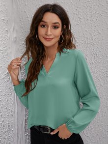 Notch Neck Solid Blouse - Green - View 3